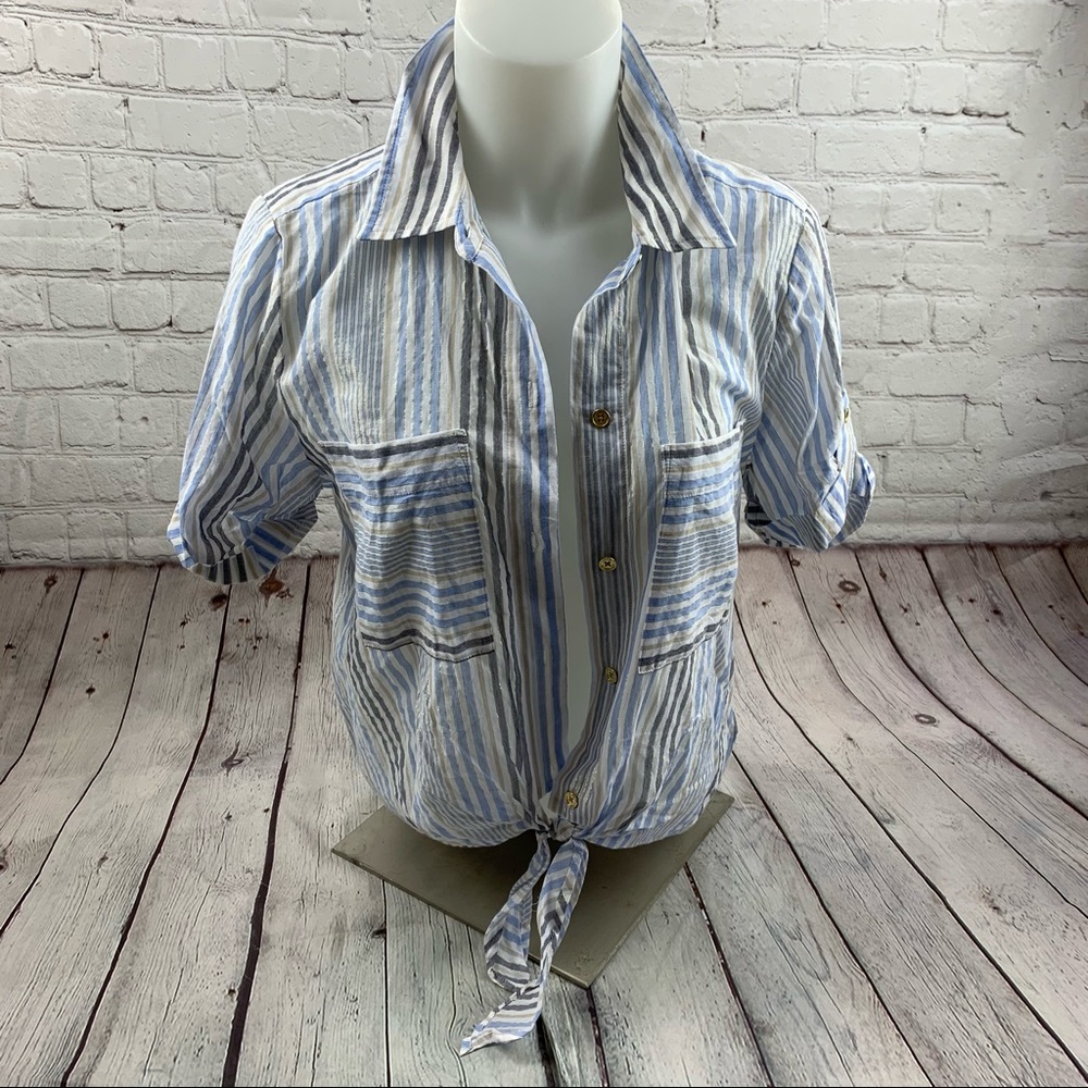 Micheal Kors Striped Tie Waist Short Sleeve Shirt - Picture 2 of 9